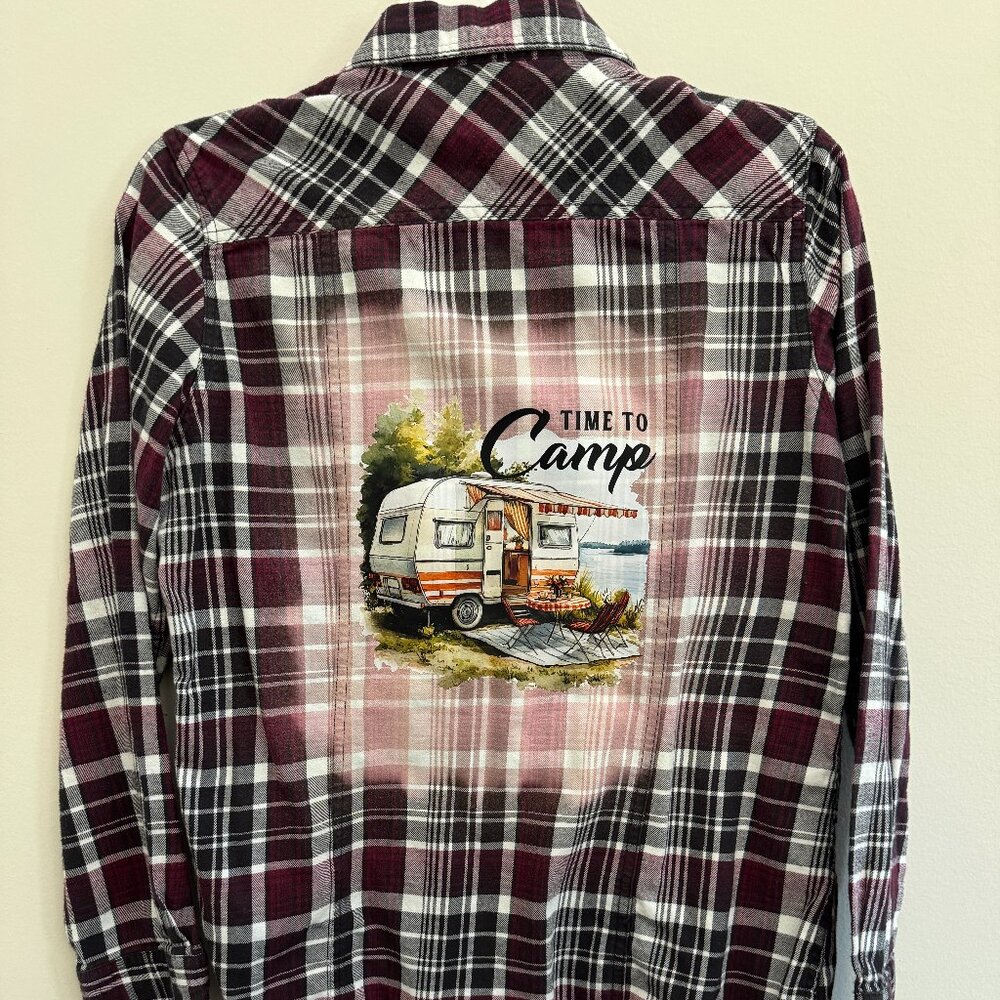 Upcycled Flannel - Time To Camp Transfer - Blue Mountain Brand - Size Small